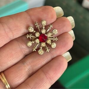 Vintage Gold-Tone Starburst or Snowflake Brooch with Red Center